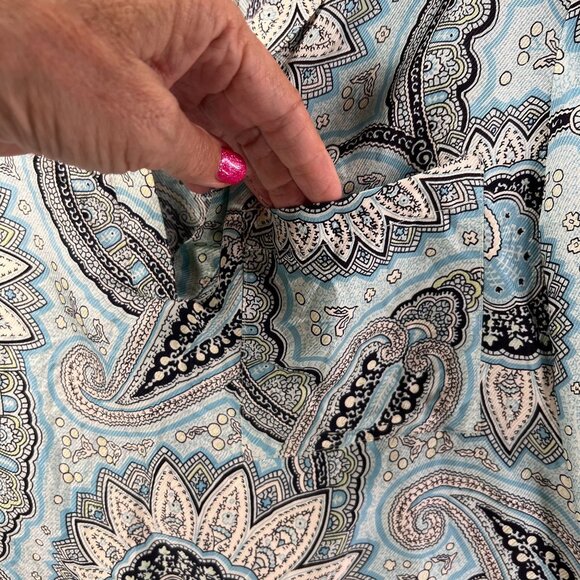 Talbots Paisley Silk Blouse Sz 8 Long Sleeve Turquoise Blue Retro V-Neck Collar - Picture 6 of 11